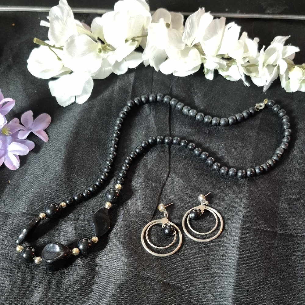 Classic Black Beaded Necklace with Matching Hoop Earrings